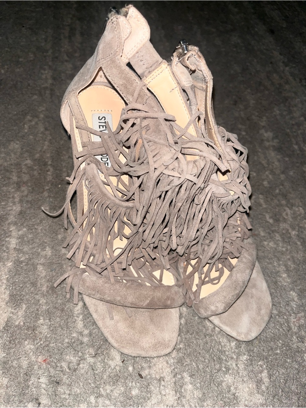 Steve Madden Taupe Fringe Suede High Heel Sandals
